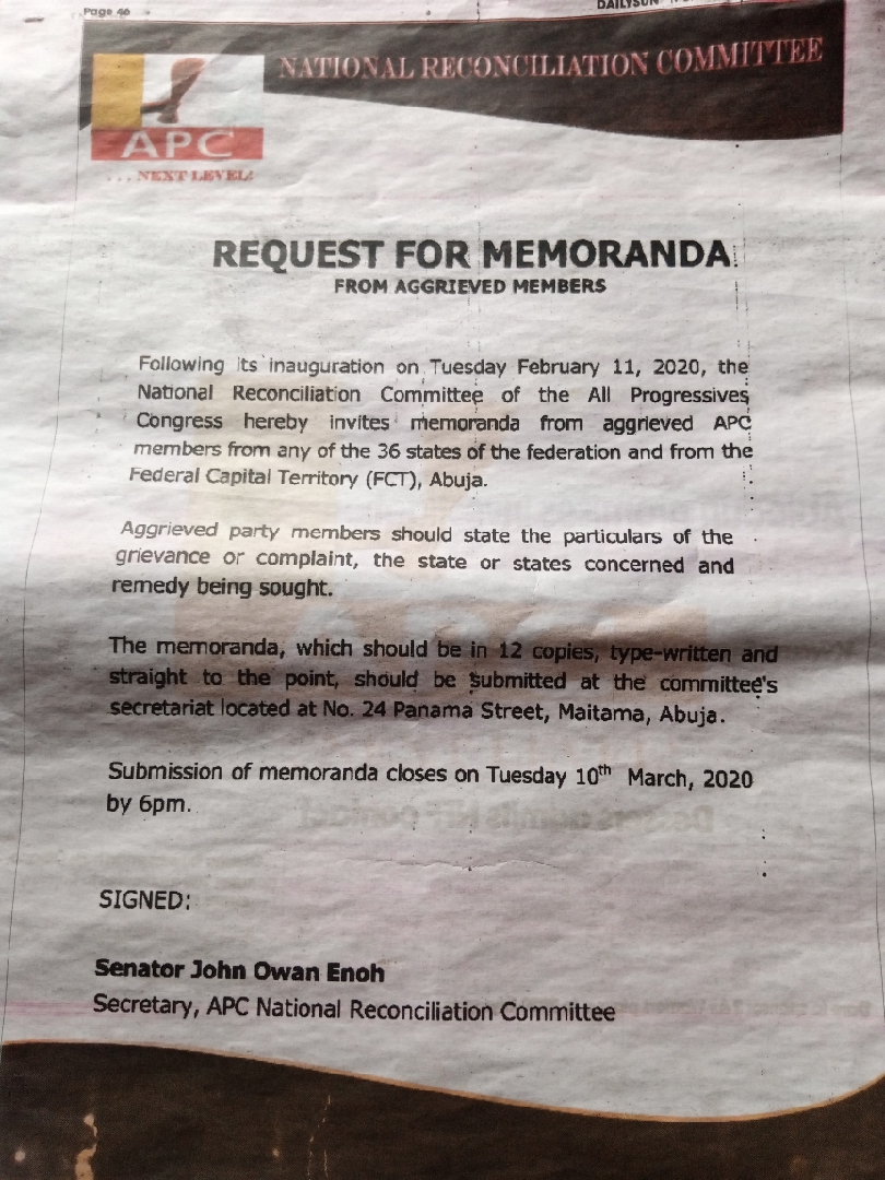 REQUEST FOR MEMORANDA. FROM AGGRIEVED MEMBERS