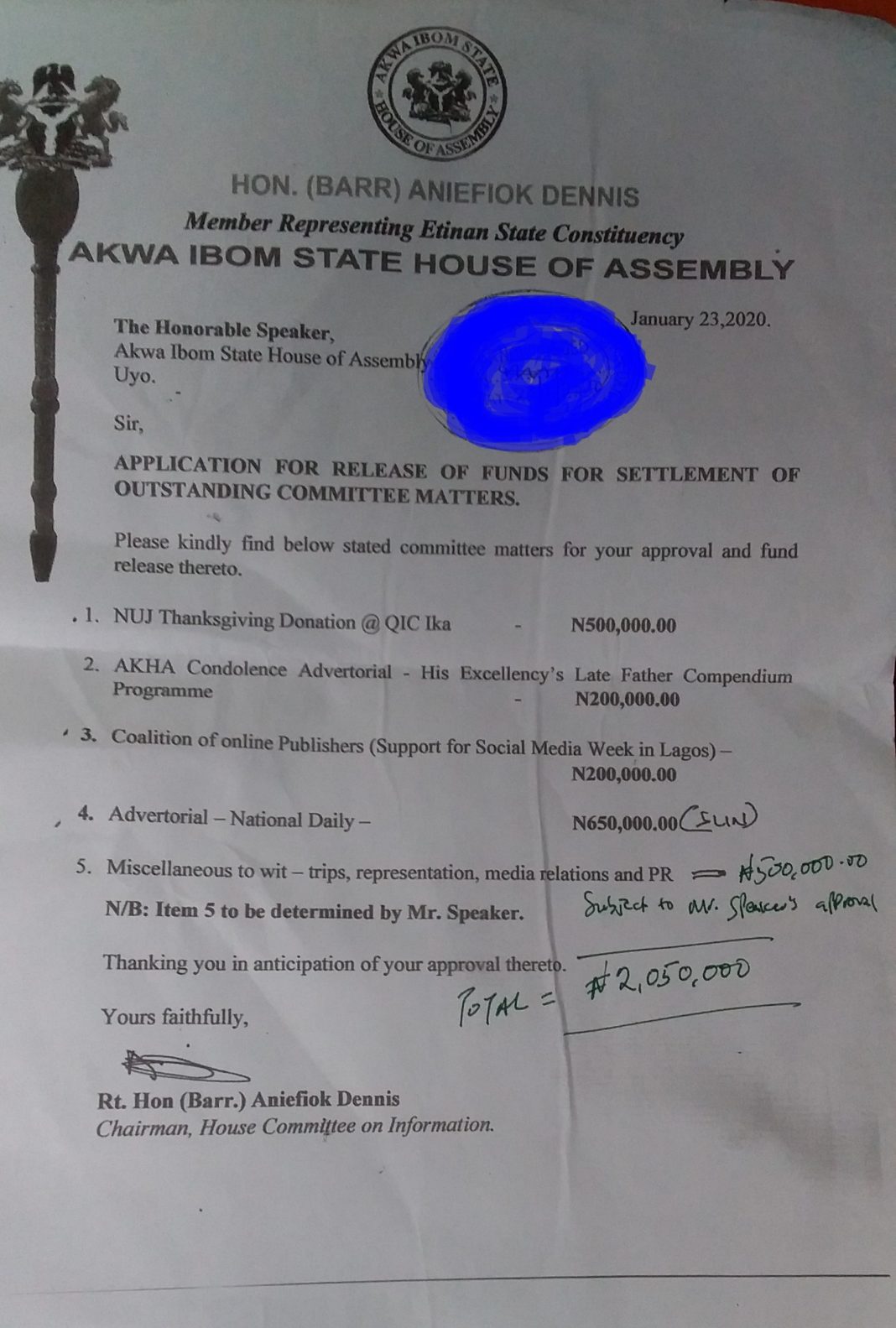 Akwa Ibom NUJ Thanksgiving: Qua Iboe Church’s money donated by Assembly Speaker, missing