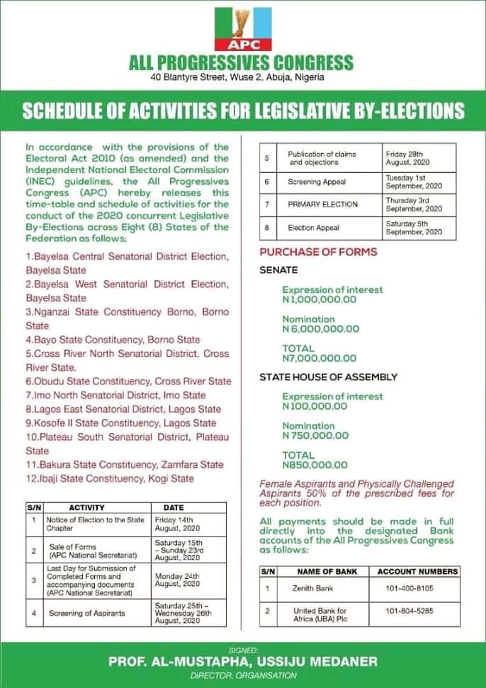 Breaking! APC releases Timetable for conduct of By-Elections in eight states