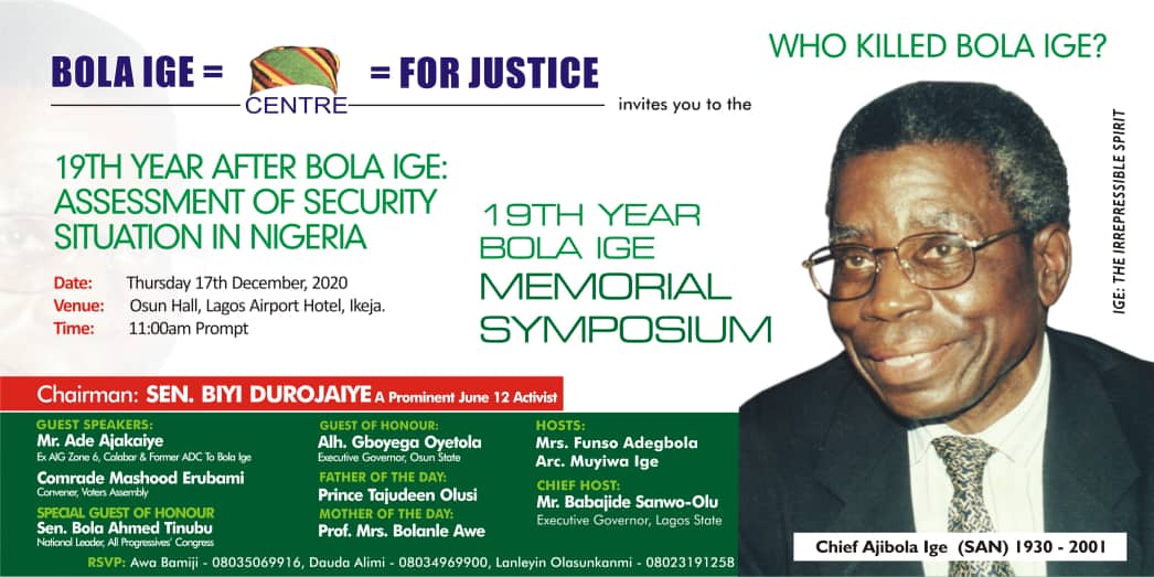Sanwo-Olu, Tinubu, Soyinka, ors to grace 19th Bola Ige Symposium