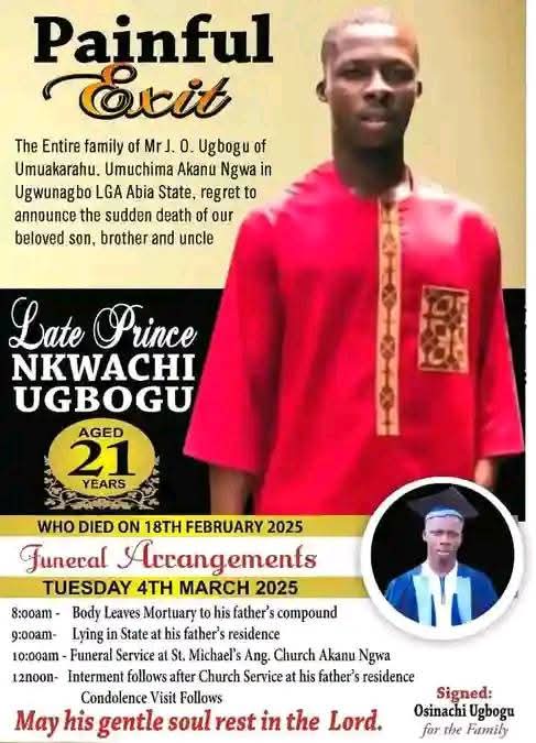 Funeral fixed for 21yrs old Poly student mistakenly killed by cultists