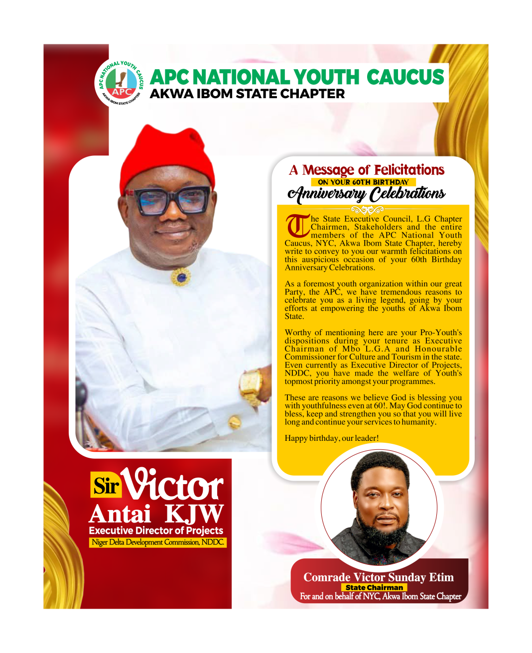 A’Ibom Chapter of APC National Youth Caucus hails Victor Antai at 60